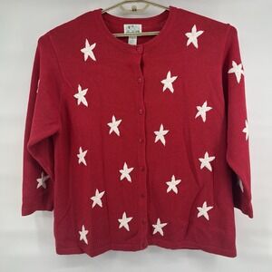 The Quacker Factory Plus 1X Red Cardigan Sweater Star Embroidery Grandma Core